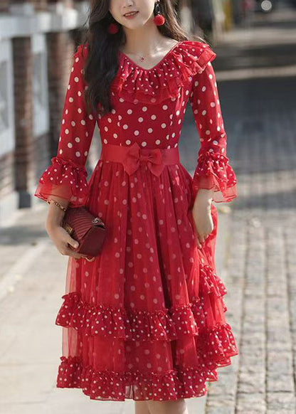 Women Red Ruffled Print Chiffon Robe Dresses Summer