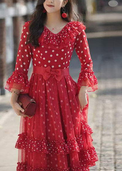 Women Red Ruffled Print Chiffon Robe Dresses Summer