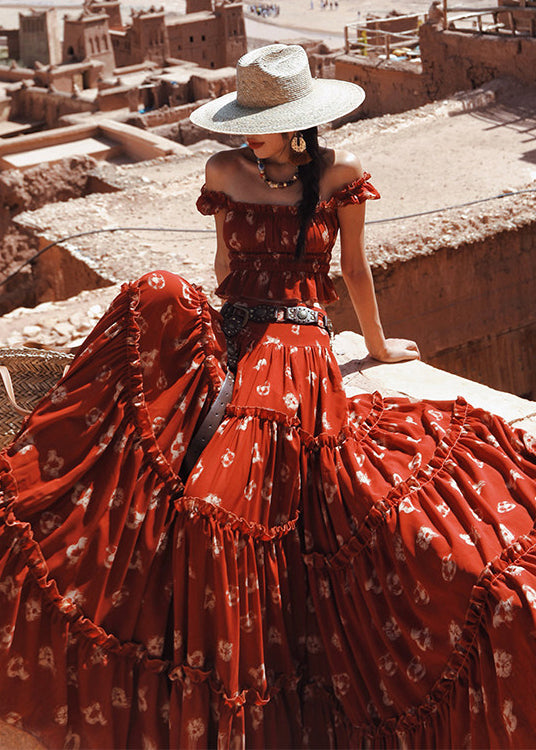 Women Red Ruffled Print Side Open Cotton Three-Piece Set Flare Sleeve