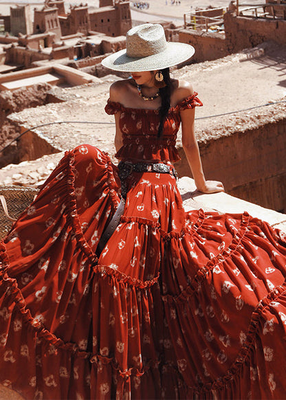 Women Red Ruffled Print Side Open Cotton Three-Piece Set Flare Sleeve