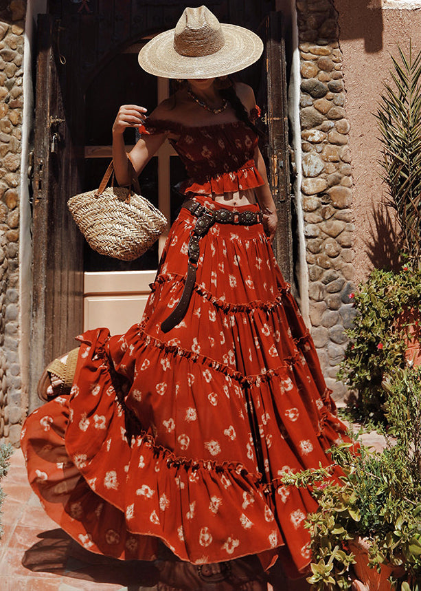 Women Red Ruffled Print Side Open Cotton Three-Piece Set Flare Sleeve