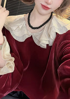 Women Red Ruffled Solid Silk Velour Top Flare Sleeve