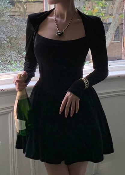 Women Red Square Collar Solid Silk Velvet Mid Dress Spring