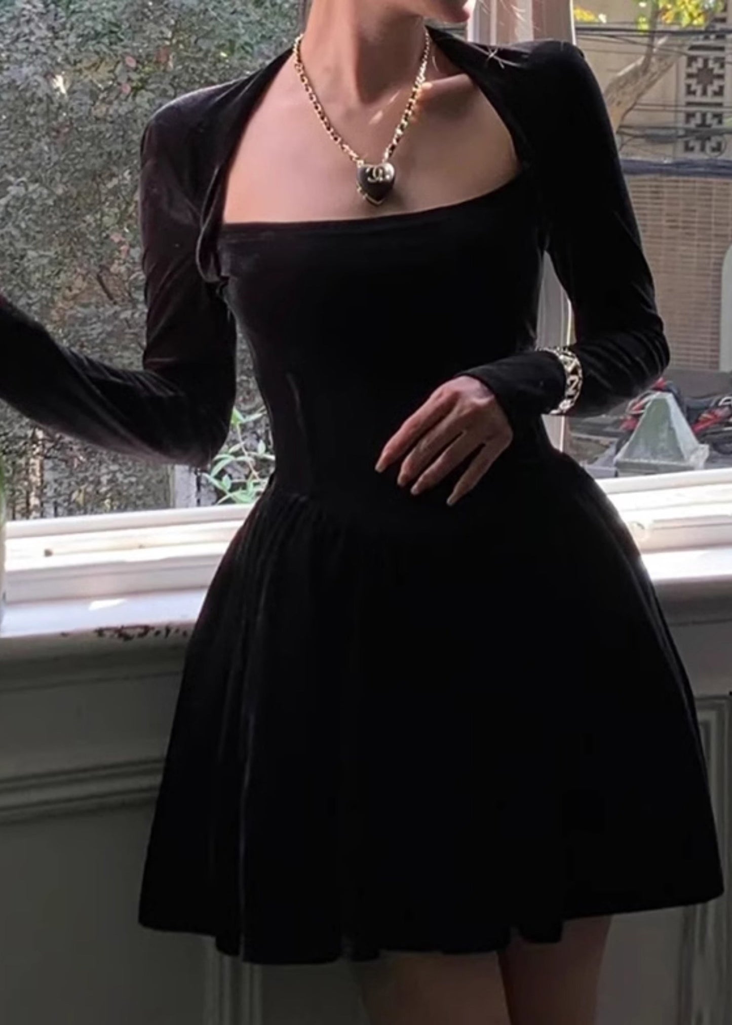 Women Red Square Collar Solid Silk Velvet Mid Dress Spring