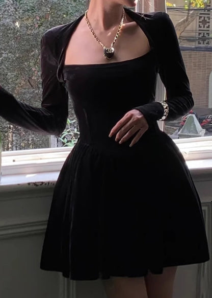 Women Red Square Collar Solid Silk Velvet Mid Dress Spring