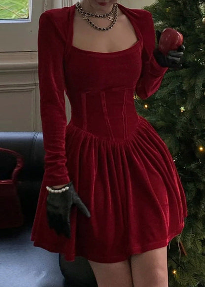 Women Red Square Collar Solid Silk Velvet Mid Dress Spring