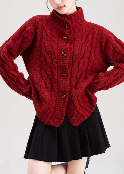Women Red Stand Collar Button Cable Knit Coat Winter