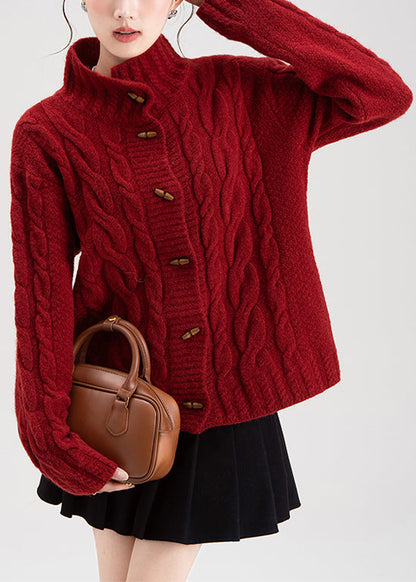 Women Red Stand Collar Button Cable Knit Coat Winter