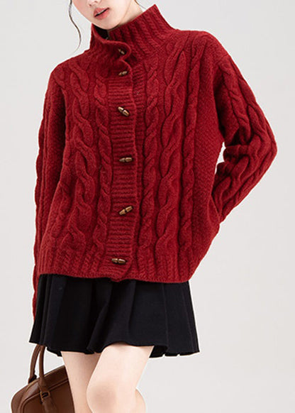 Women Red Stand Collar Button Cable Knit Coat Winter
