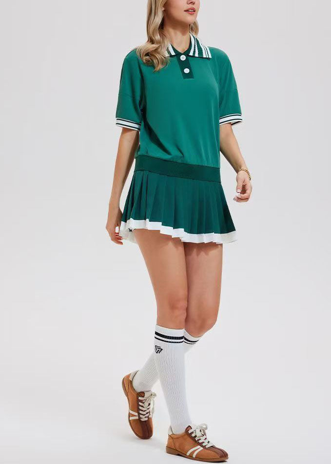 Women Red Striped Patchwork Button Tennis Sportswear Two-Piece Set Summer