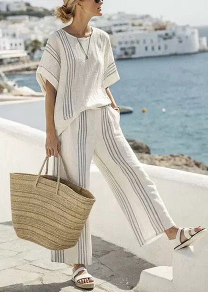 Women Red Striped Patchwork T Shirts And Wide Leg Pants Two Pieces Set Half Sleeve