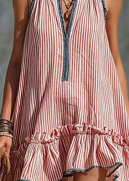 Women Red Striped Ruffled Cotton Mini Dress Sleeveless