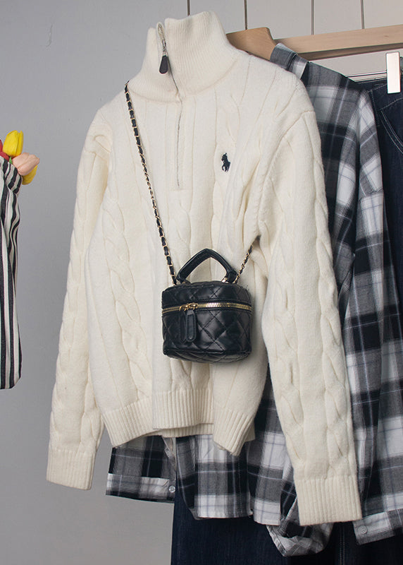 Women Red Turtleneck Zip Up Cable Knit Sweater Spring