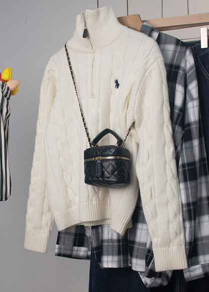 Women Red Turtleneck Zip Up Cable Knit Sweater Spring