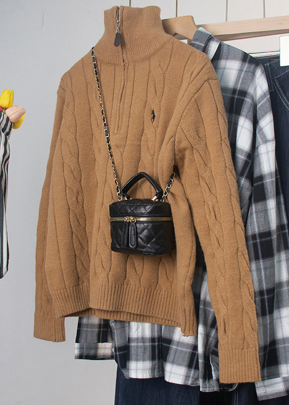 Women Red Turtleneck Zip Up Cable Knit Sweater Spring