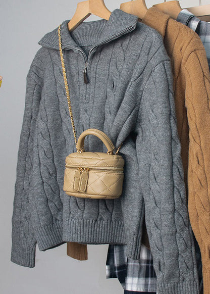 Women Red Turtleneck Zip Up Cable Knit Sweater Spring