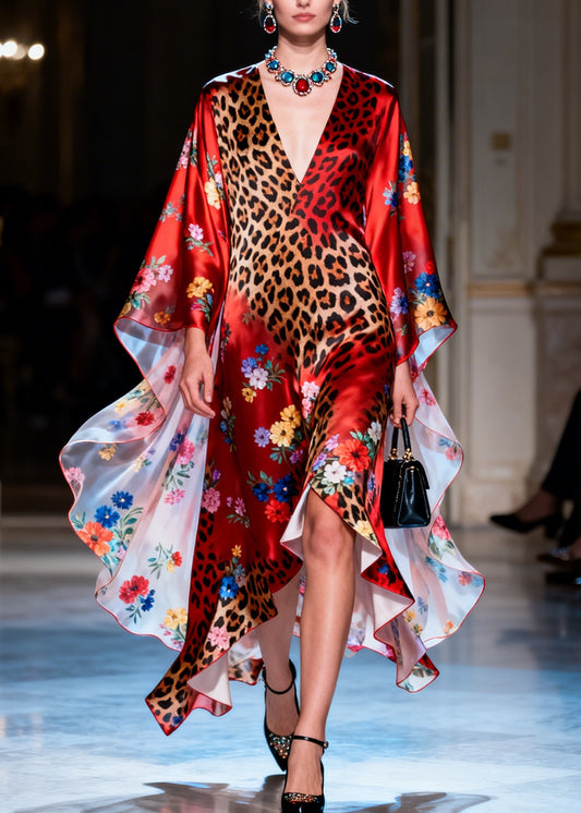 Women Red V Neck Asymmetrical Design Print Silk Dress Summer
