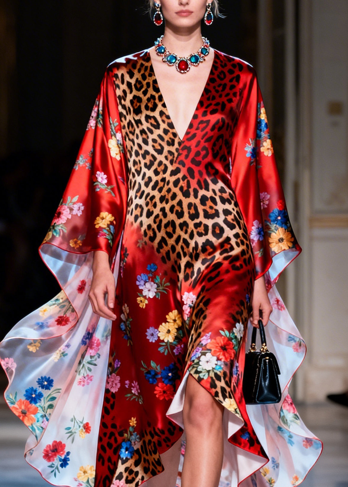 Women Red V Neck Asymmetrical Design Print Silk Dress Summer