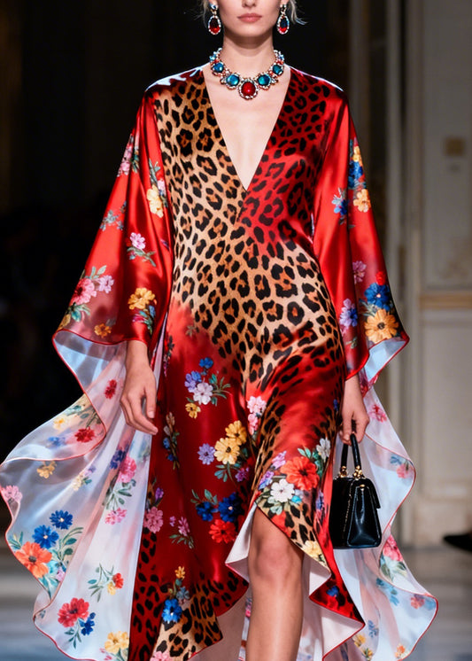 Women Red V Neck Asymmetrical Design Print Silk Dress Summer