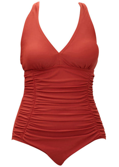 Women Red V Neck Backless Bodysuit Swimwear