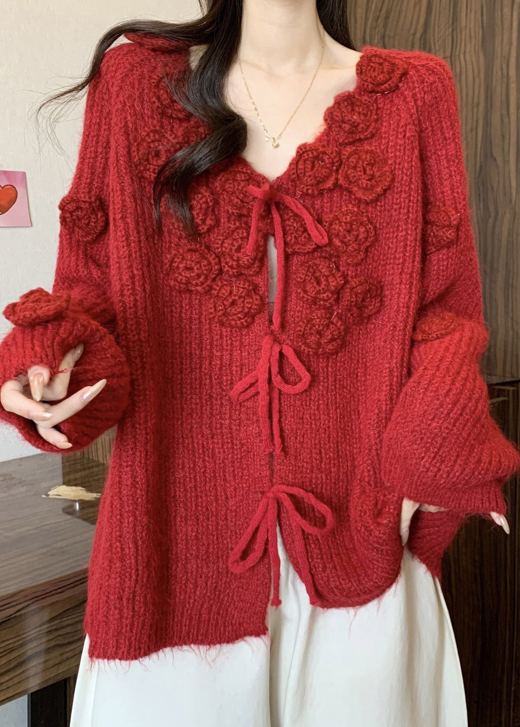 Women Red V Neck Floral Lace Up Cotton Knit Cardigans Winter
