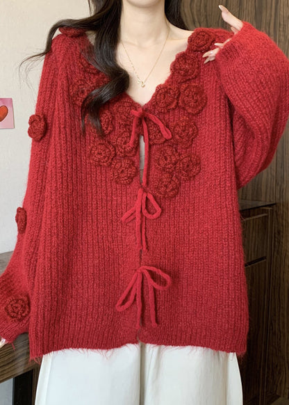 Women Red V Neck Floral Lace Up Cotton Knit Cardigans Winter