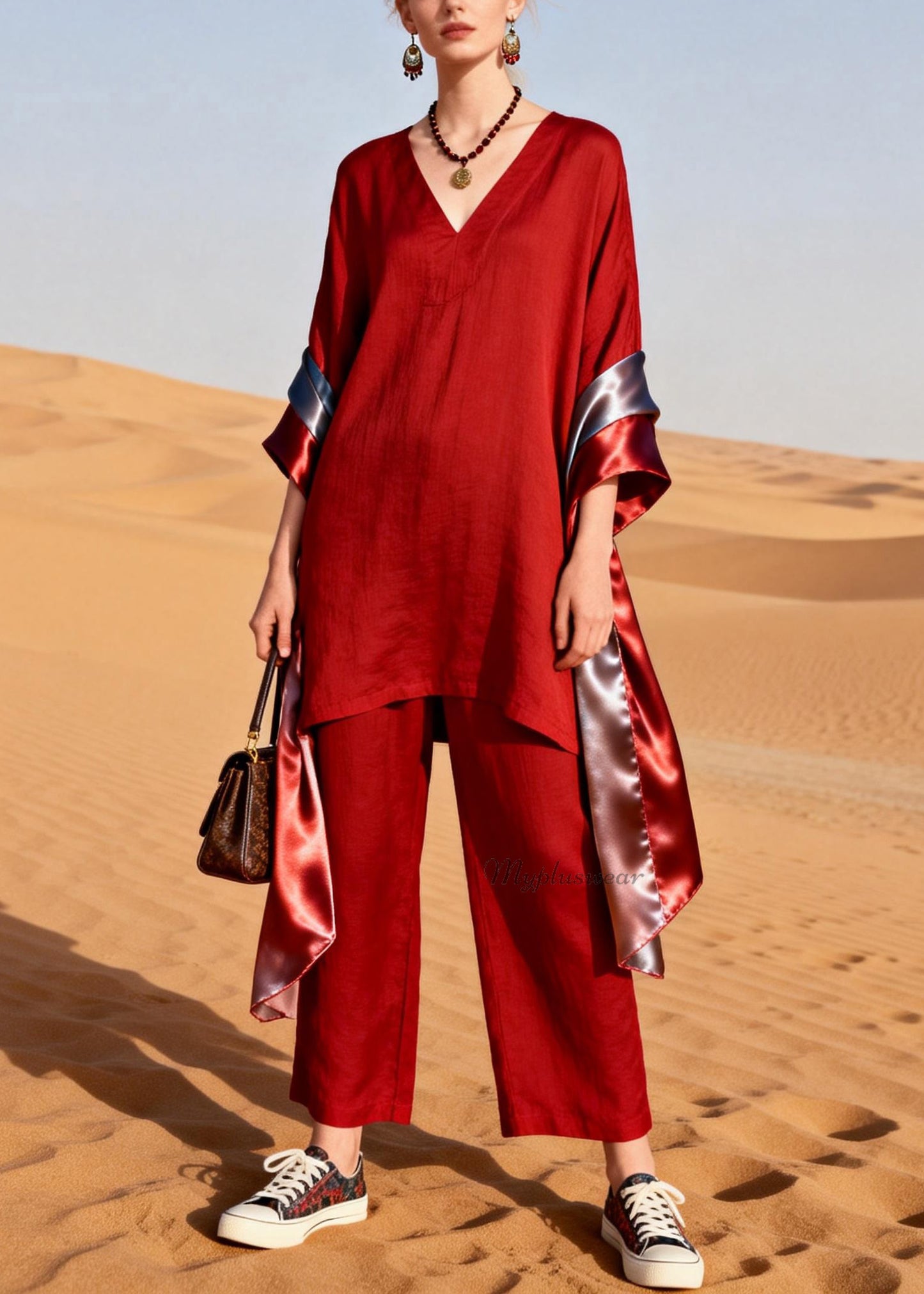 Women Red V Neck Patchwork Linen Silk Two Pieces Set Summer