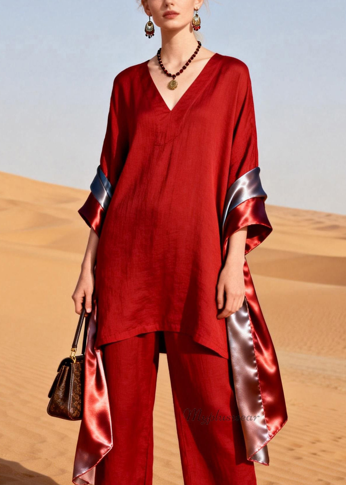 Women Red V Neck Patchwork Linen Silk Two Pieces Set Summer