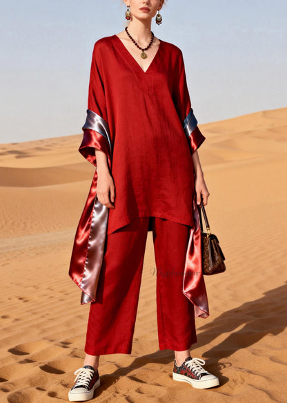 Women Red V Neck Patchwork Linen Silk Two Pieces Set Summer