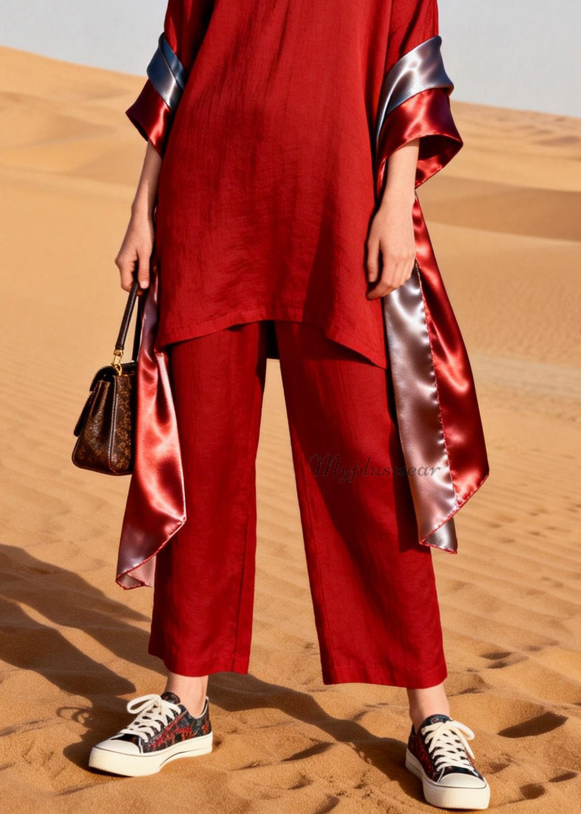 Women Red V Neck Patchwork Linen Silk Two Pieces Set Summer