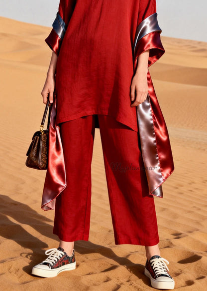 Women Red V Neck Patchwork Linen Silk Two Pieces Set Summer