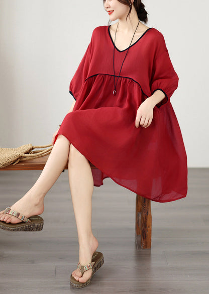 Women Red V Neck Patchwork Plus Size Cotton Dress Summer