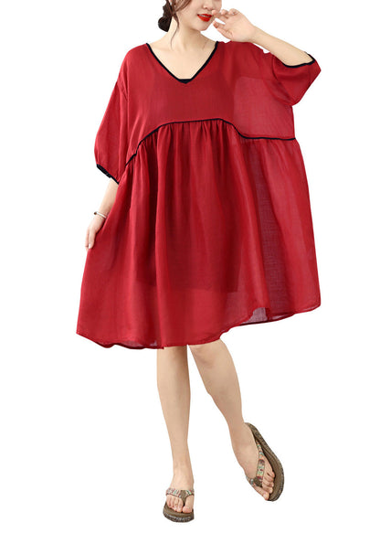 Women Red V Neck Patchwork Plus Size Cotton Dress Summer