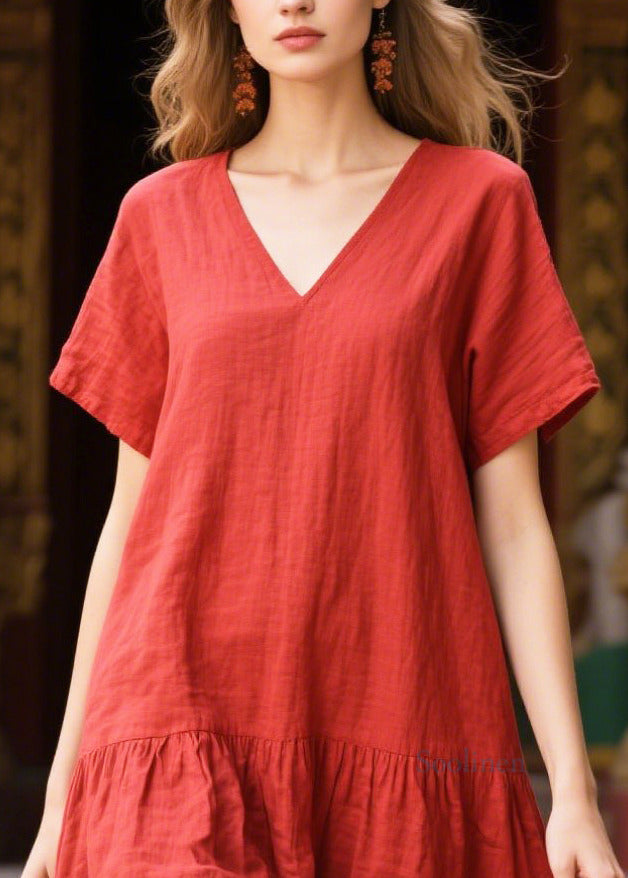 Women Red V Neck Patchwork Print Cotton Holiday Dress Summer