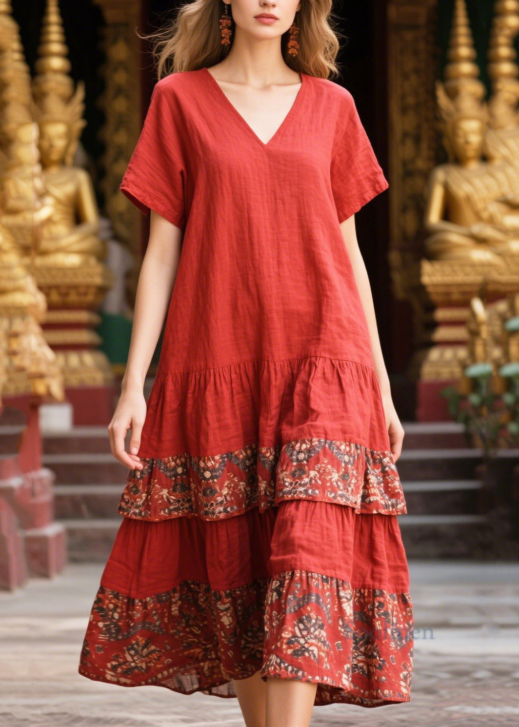 Women Red V Neck Patchwork Print Cotton Holiday Dress Summer