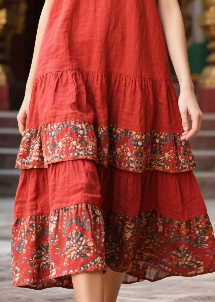 Women Red V Neck Patchwork Print Cotton Holiday Dress Summer