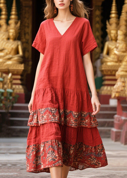 Women Red V Neck Patchwork Print Cotton Holiday Dress Summer