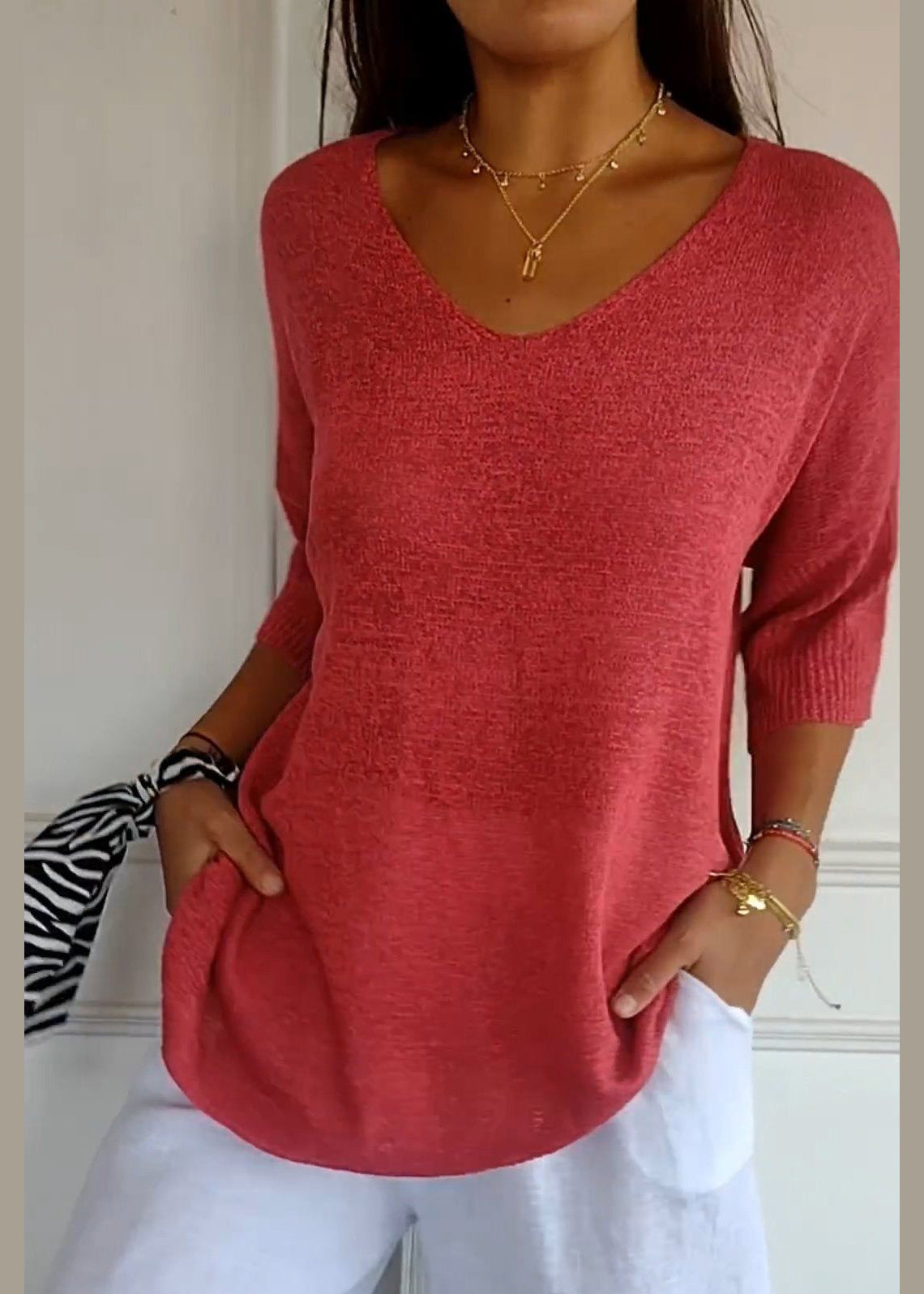 Women Red V Neck Plus Size Knit Shirt Top Summer