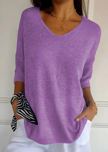 Women Red V Neck Plus Size Knit Shirt Top Summer