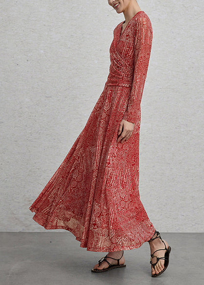 Women Red V Neck Print Ankle Dress Spring