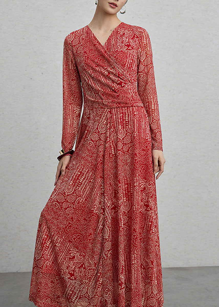 Women Red V Neck Print Ankle Dress Spring