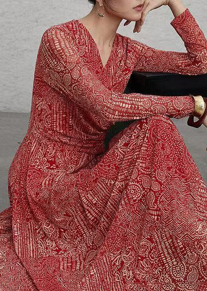 Women Red V Neck Print Ankle Dress Spring