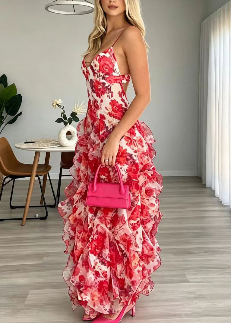 Women Red V Neck Print Chiffon Spaghetti Strap Dress Summer