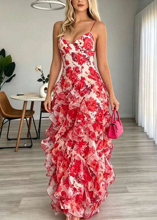 Women Red V Neck Print Chiffon Spaghetti Strap Dress Summer