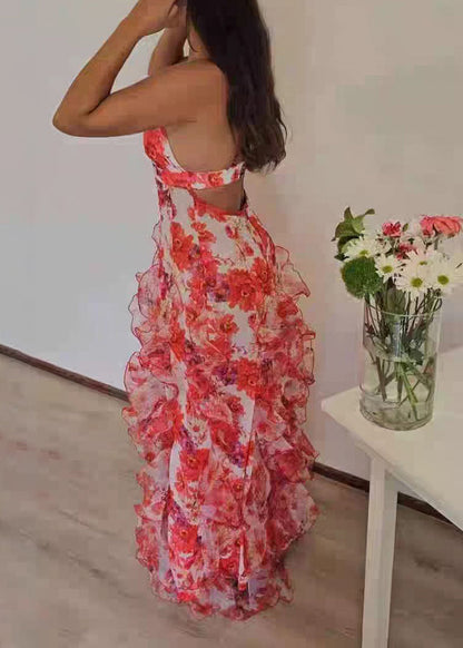 Women Red V Neck Print Chiffon Spaghetti Strap Dress Summer