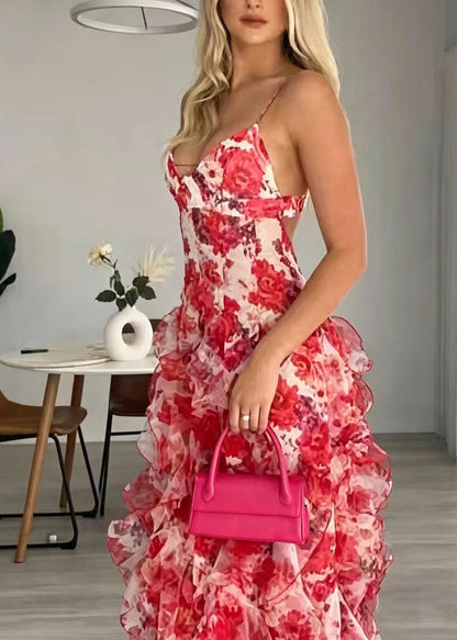 Women Red V Neck Print Chiffon Spaghetti Strap Dress Summer