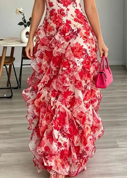 Women Red V Neck Print Chiffon Spaghetti Strap Dress Summer