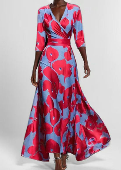 Women Red V Neck Print Exra Large Hem Maxi Dresses Half Sleeve