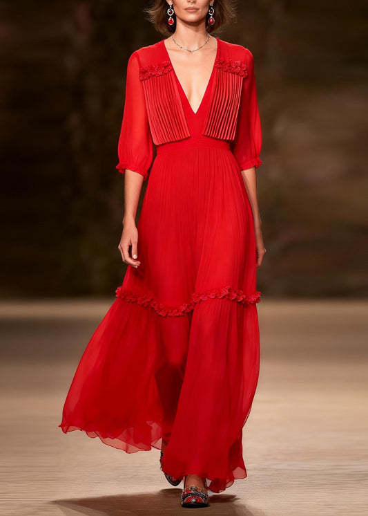 Women Red V Neck Ruffled Floral Patchwork Chiffon Dress Summer