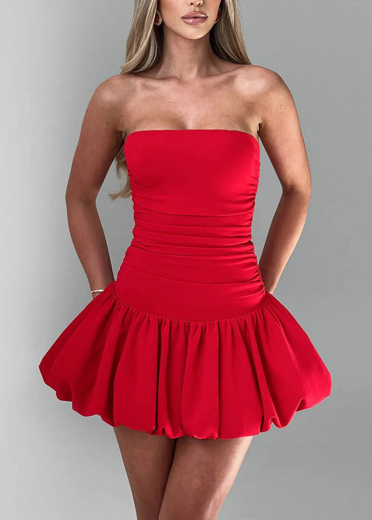Women Red Wrinkled Patchwork Cotton Strapless Dresses Summer